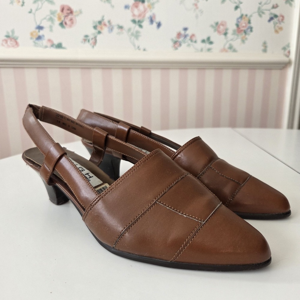Vtg 90s Highlights‎ Womens 10 Slingback Heels Camel Brown Woven Retro